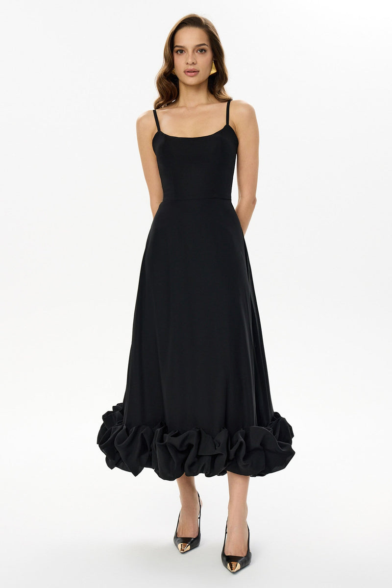 SARA | VESTIDO MIDI CON VOLANTES ABULLONADOS