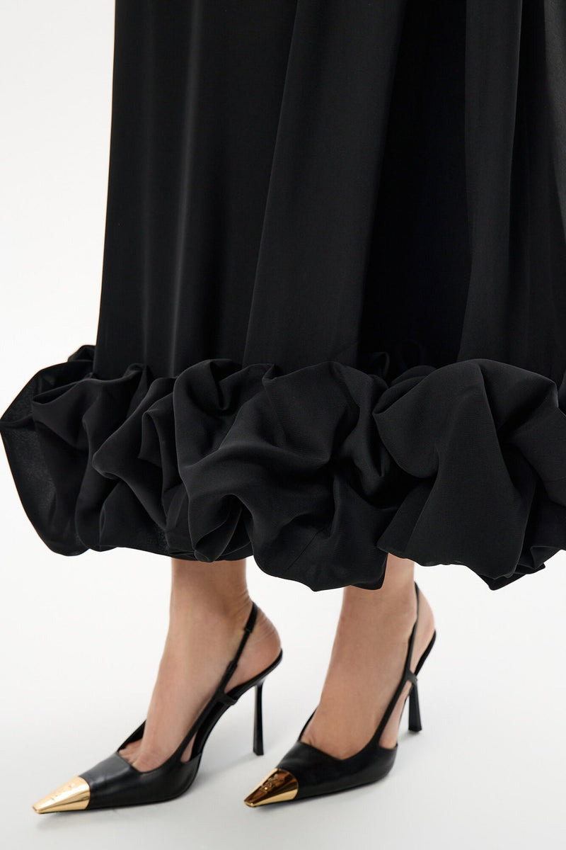 SARA | VESTIDO MIDI CON VOLANTES ABULLONADOS
