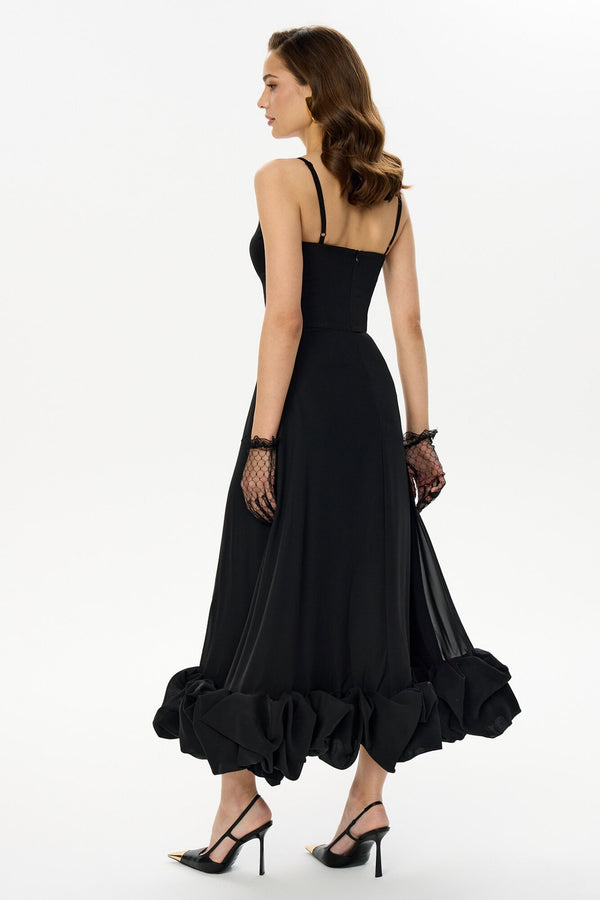 SARA | VESTIDO MIDI CON VOLANTES ABULLONADOS