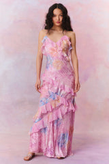 EULALIA | VESTIDO LARGO DE VOLANTES Y ESTAMPADO FLORAL