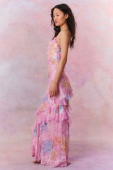 EULALIA | VESTIDO LARGO DE VOLANTES Y ESTAMPADO FLORAL
