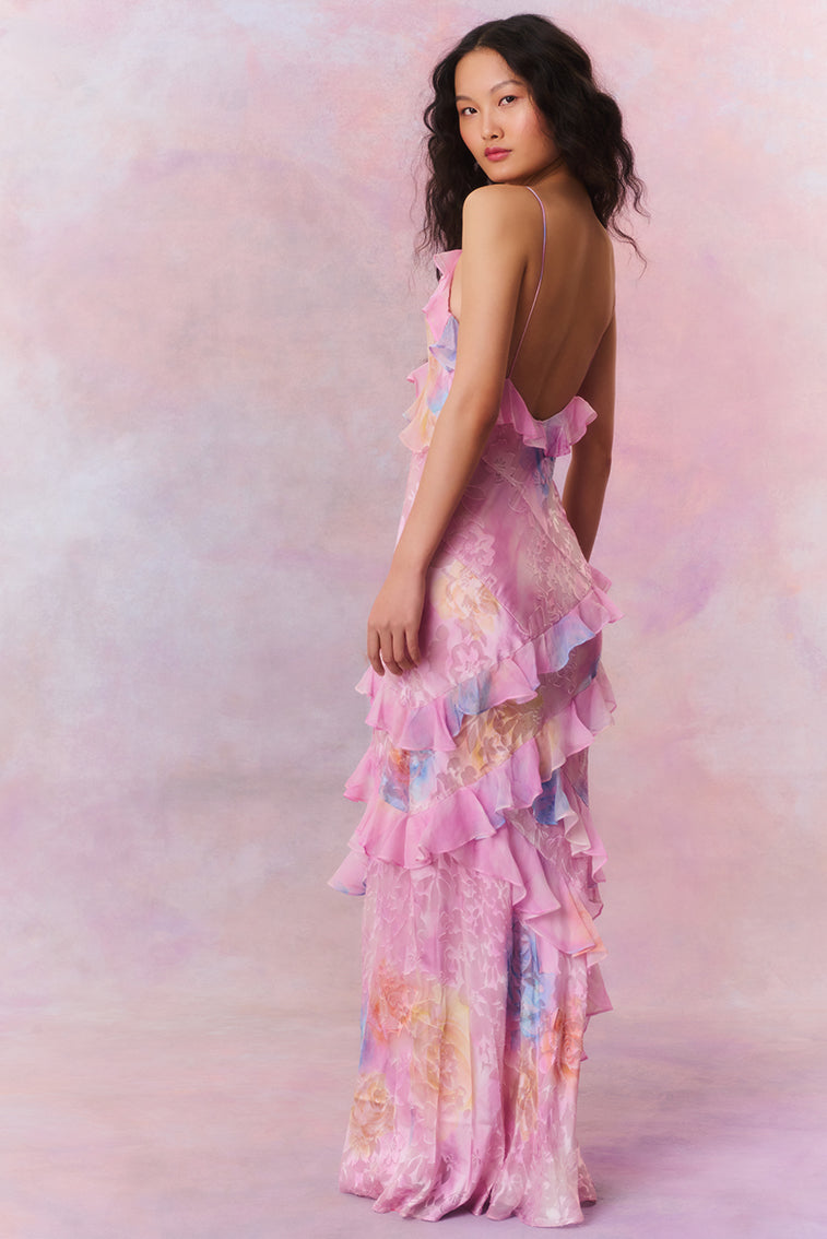 EULALIA | VESTIDO LARGO DE VOLANTES Y ESTAMPADO FLORAL