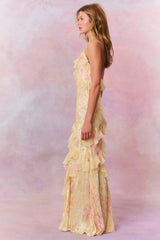 EULALIA | VESTIDO LARGO DE VOLANTES Y ESTAMPADO FLORAL