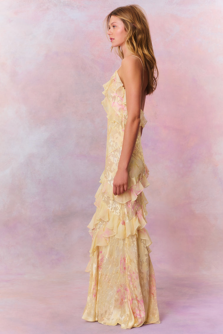 EULALIA | VESTIDO LARGO DE VOLANTES Y ESTAMPADO FLORAL