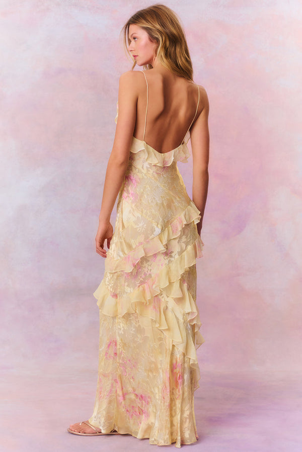 EULALIA | VESTIDO LARGO DE VOLANTES Y ESTAMPADO FLORAL