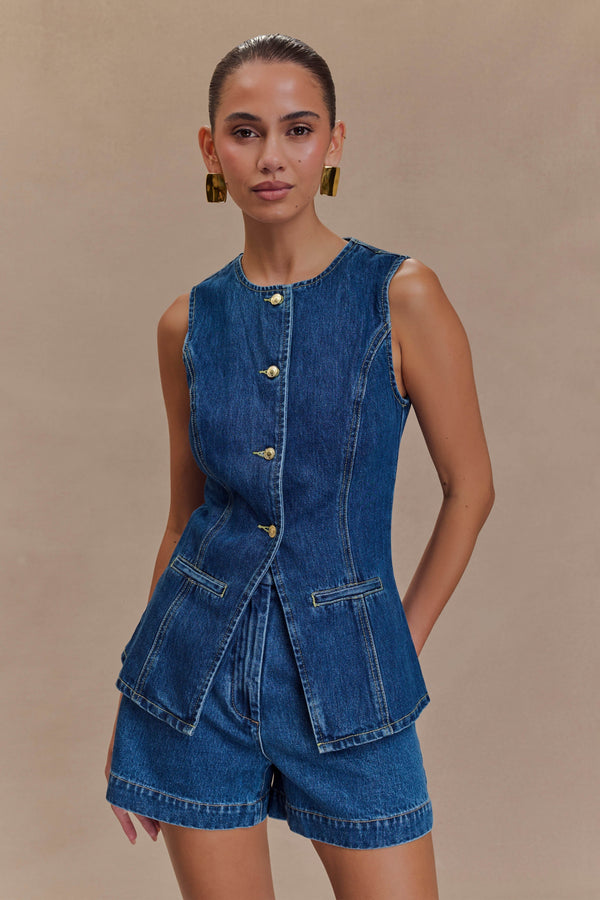 INES | TOP SIN MANGAS DE DENIM ENTALLADO