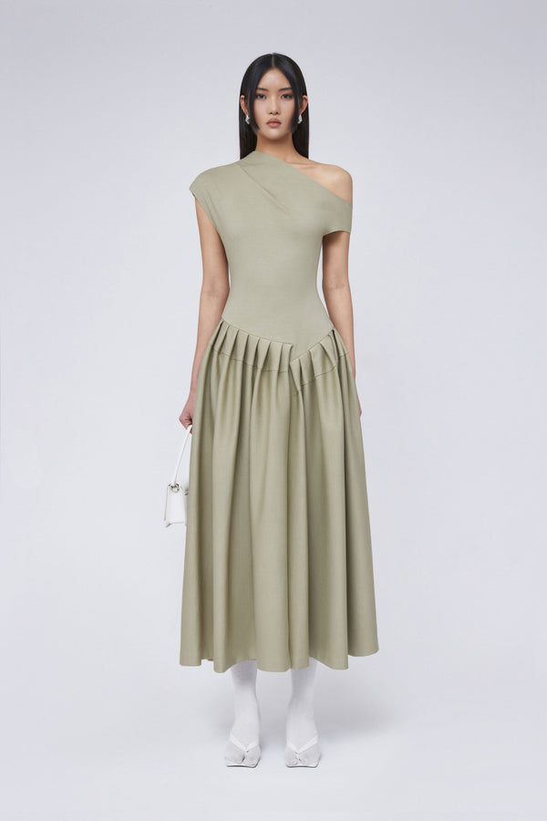 CELINA | VESTIDO ASIMÉTRICO EN TONO OLIVA