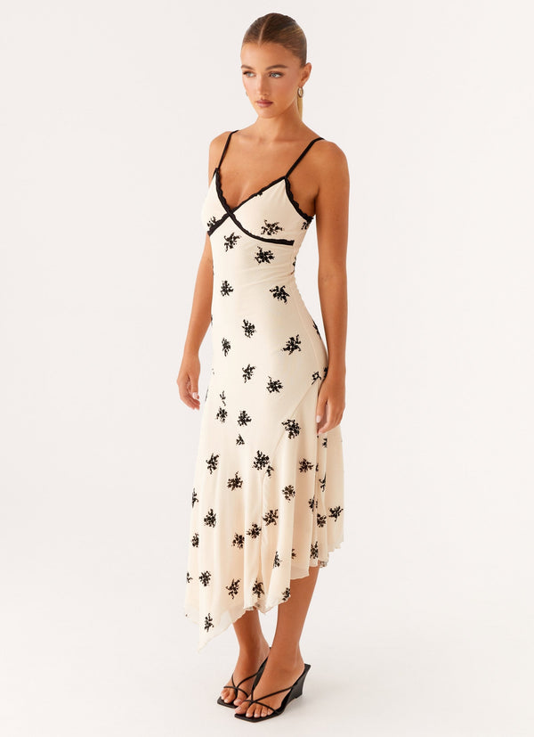CARLOTA | VESTIDO MIDI CON BORDADOS NEGROS
