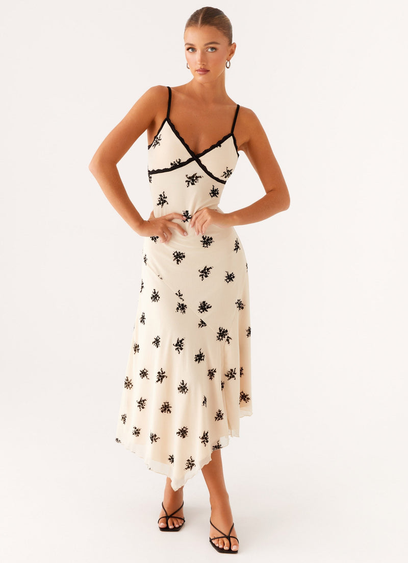 CARLOTA | VESTIDO MIDI CON BORDADOS NEGROS