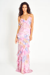 EULALIA | VESTIDO LARGO DE VOLANTES Y ESTAMPADO FLORAL