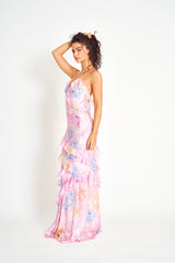 EULALIA | VESTIDO LARGO DE VOLANTES Y ESTAMPADO FLORAL
