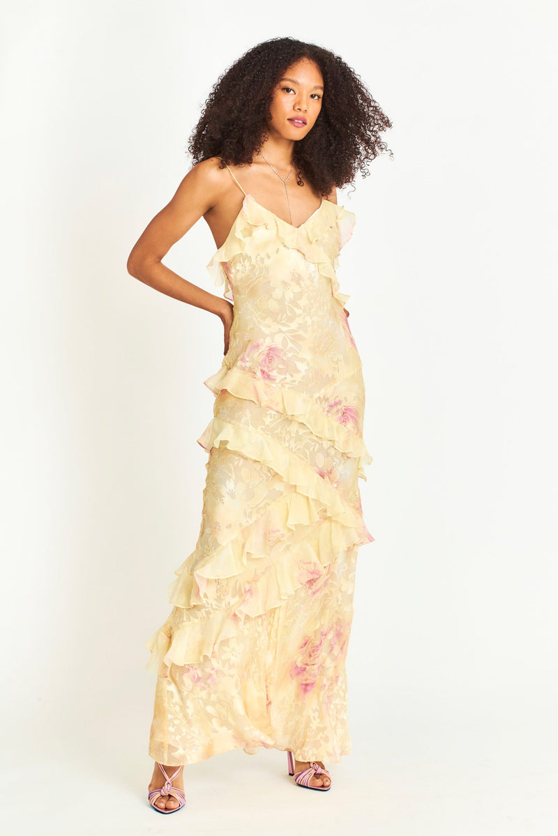 EULALIA | VESTIDO LARGO DE VOLANTES Y ESTAMPADO FLORAL