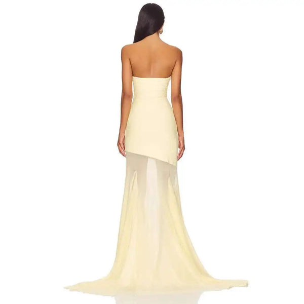 ÉLAN | VESTIDO LARGO ASIMÉTRICO CON TUL TRANSPARANTE